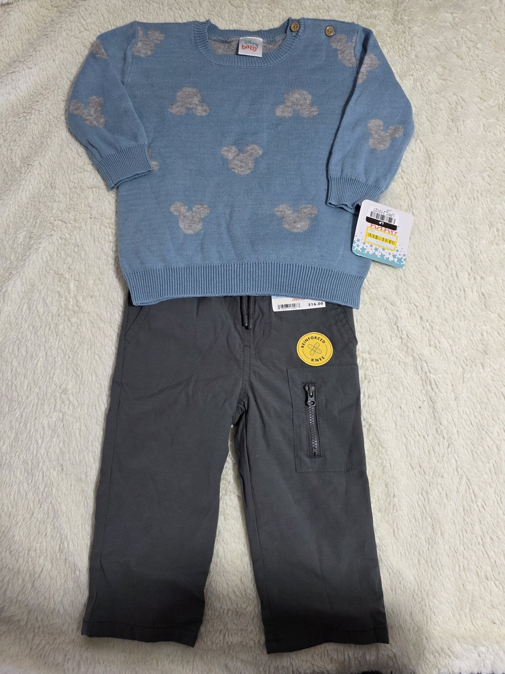 Disney Blue Mickey-Pattern Knitted Sweater & Charcoal Cargo Pants Outfit Size12M